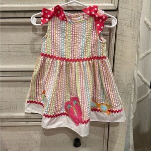 Good Lad Multicolor Striped Dress with Pink Polka Dot Bows and appliqué